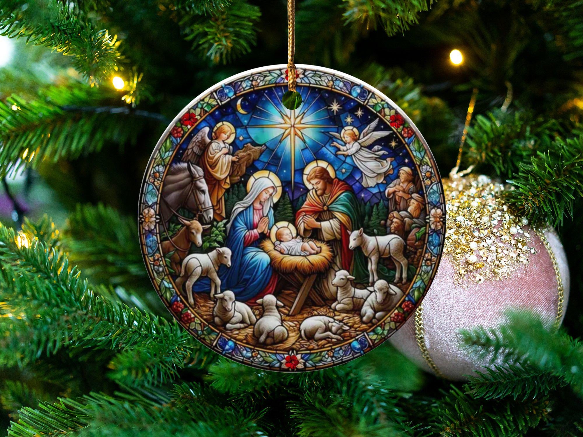 Nativity Scene Ornament, Stained Glass Style, Baby Jesus Ornament, Religious Christmas Ornament, ornament exchange, Xmas Gift idea DCLAF21